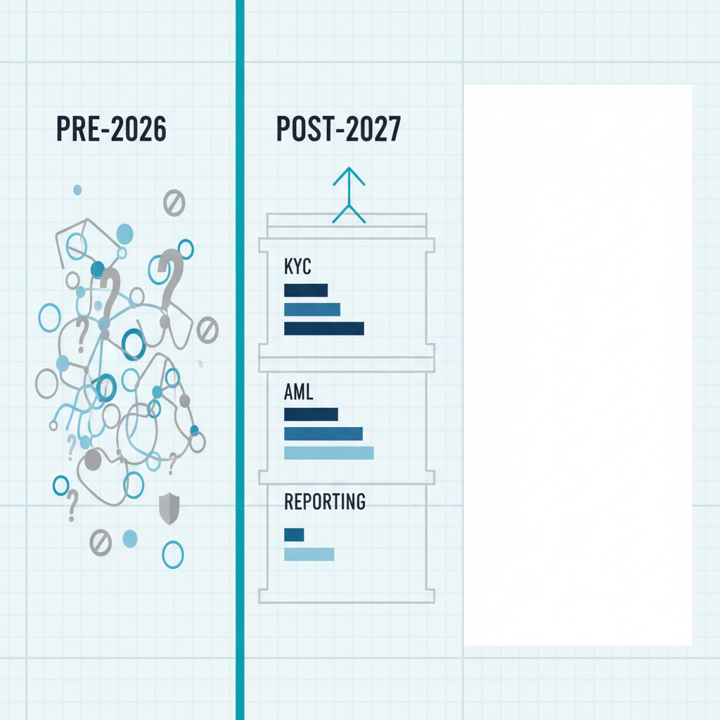 Data visualization comparing unregulated crypto trading environment before 2026 versus structured compliance framework after 2027