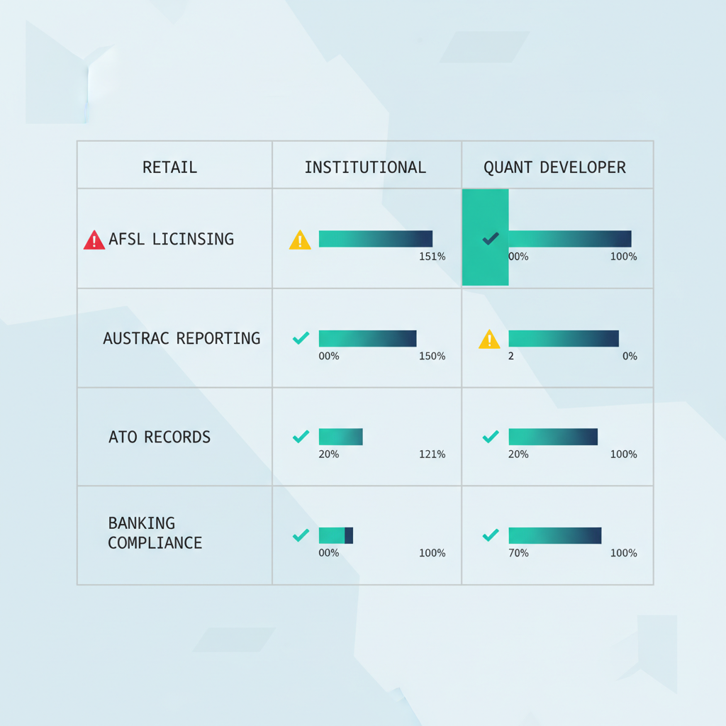 Data visualization matrix comparing regulatory compliance requirements across different Australian crypto algo trader types, with teal highlight on critical compliance intersection