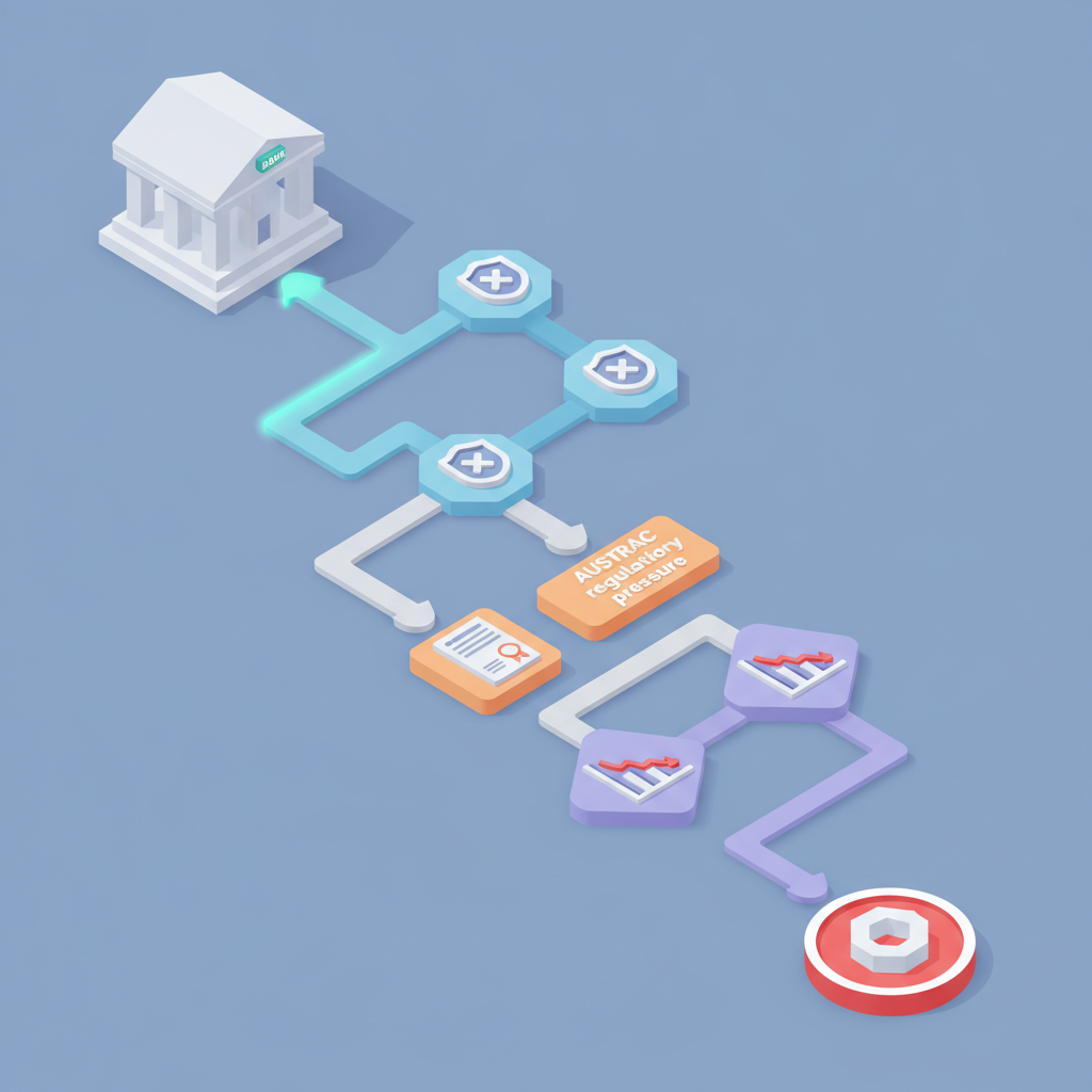 Isometric 3D flowchart breaking down reasons for Australian bank crypto transfer blocks