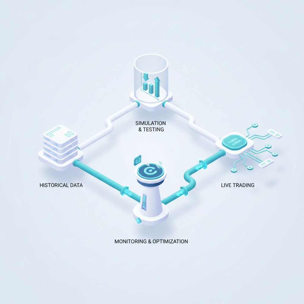 Isometric 3D flowchart of four trading stages with data blocks, simulation, deployment, and monitoring feedback loop
