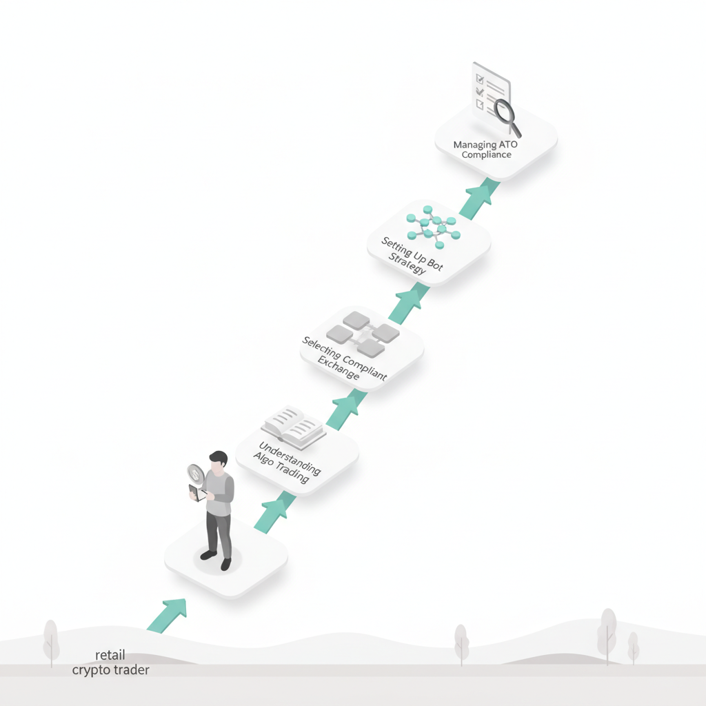 Isometric flowchart showing the four-step journey to algorithmic crypto trading compliance in Australia
