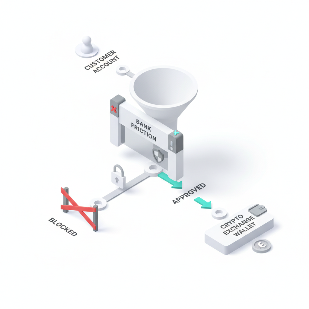 Isometric 3D flowchart showing cryptocurrency deposit approval funnel with fraud detection gate splitting approved and blocked pathways