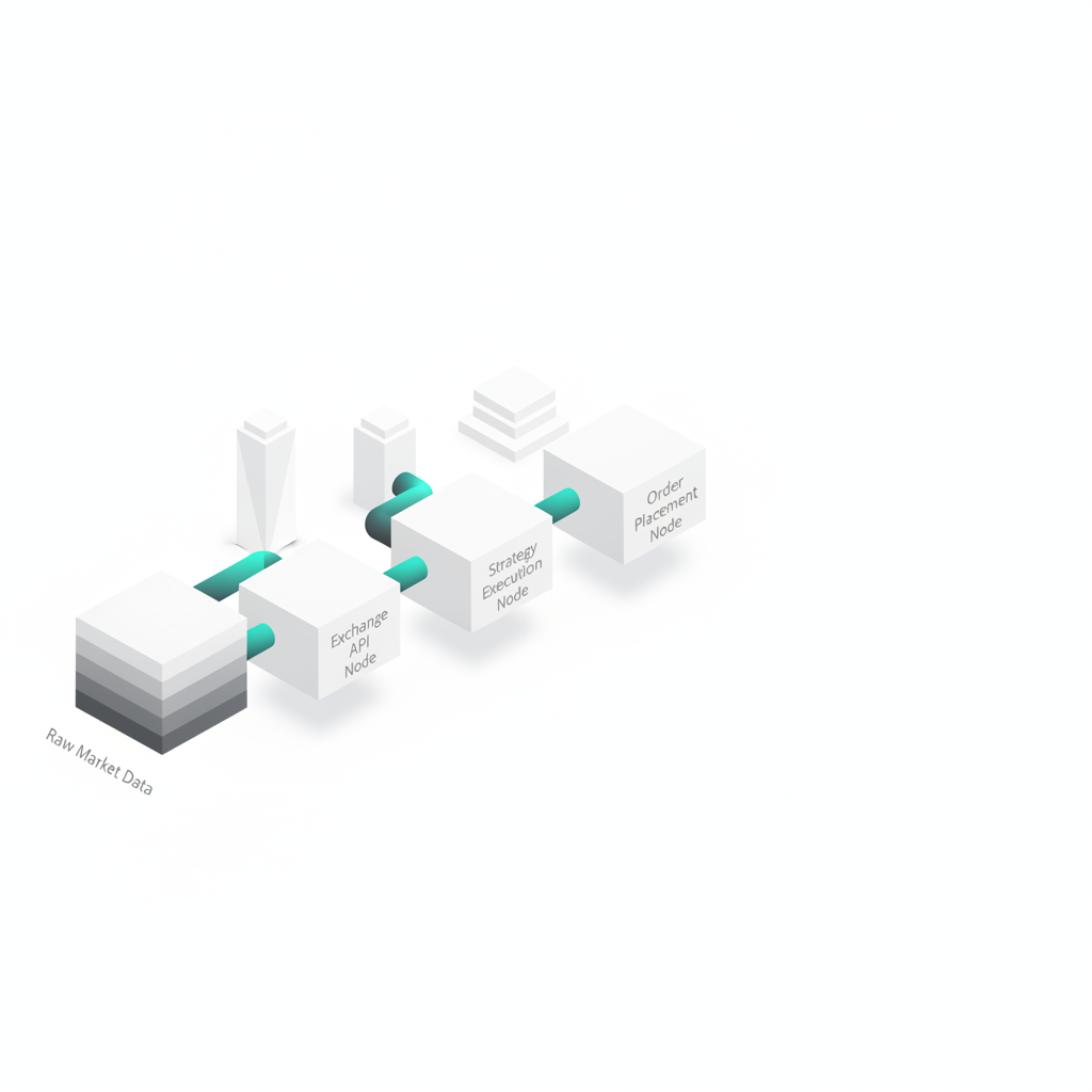 Isometric 3D flowchart showing data flow from market sources through API, strategy execution, and order placement nodes for algorithmic trading