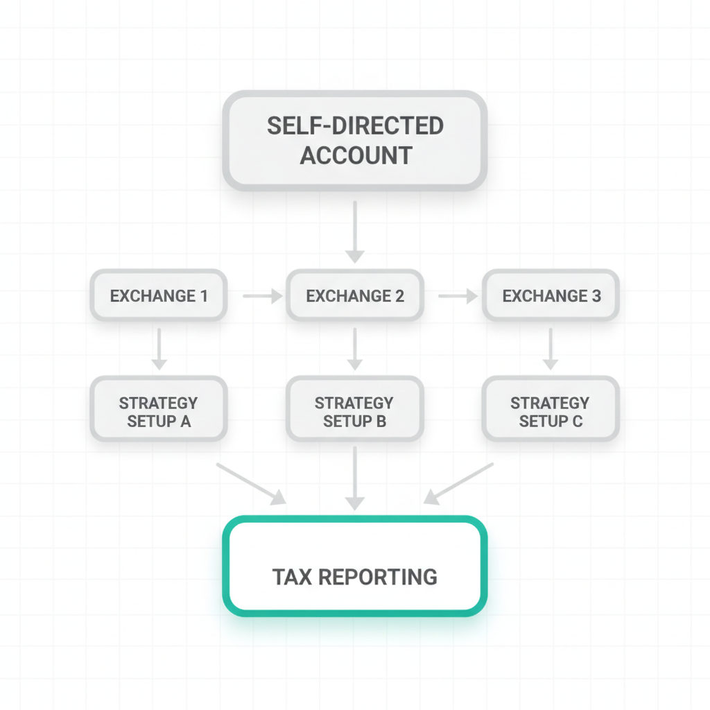 Isometric 3D flowchart showing decision pathways from exchange selection through strategy setup to tax reporting for Australian algo traders