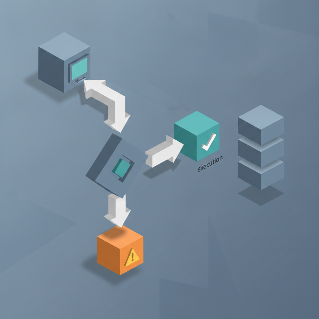 Isometric 3D flowchart displaying algorithmic trading bot decision workflow with legal compliance checkpoint highlighted in teal