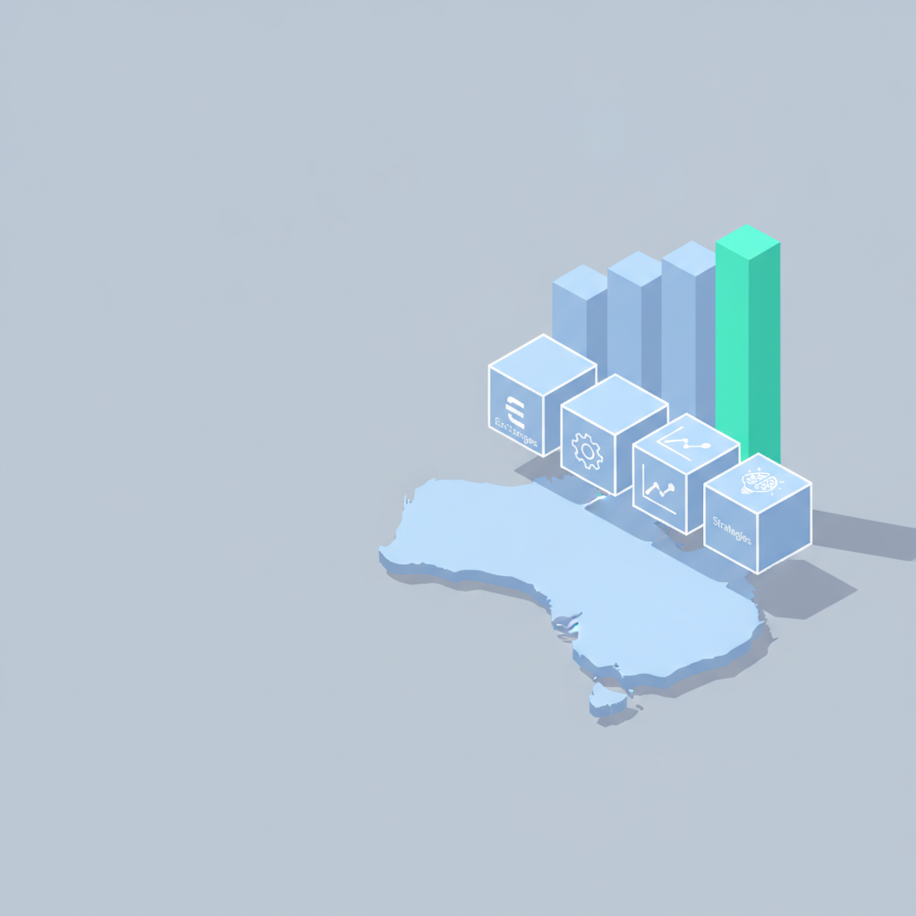 Isometric layered visualization of Australian crypto trading resources stacked from foundation of Australian geography through trading tools to performance metrics
