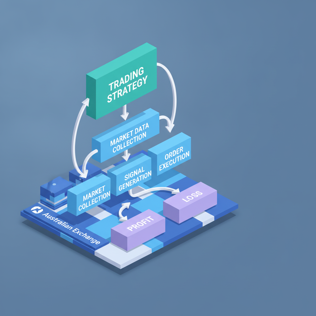 Isometric flowchart of algorithmic trading process showing strategy, data collection, signal generation, execution, and feedback loop