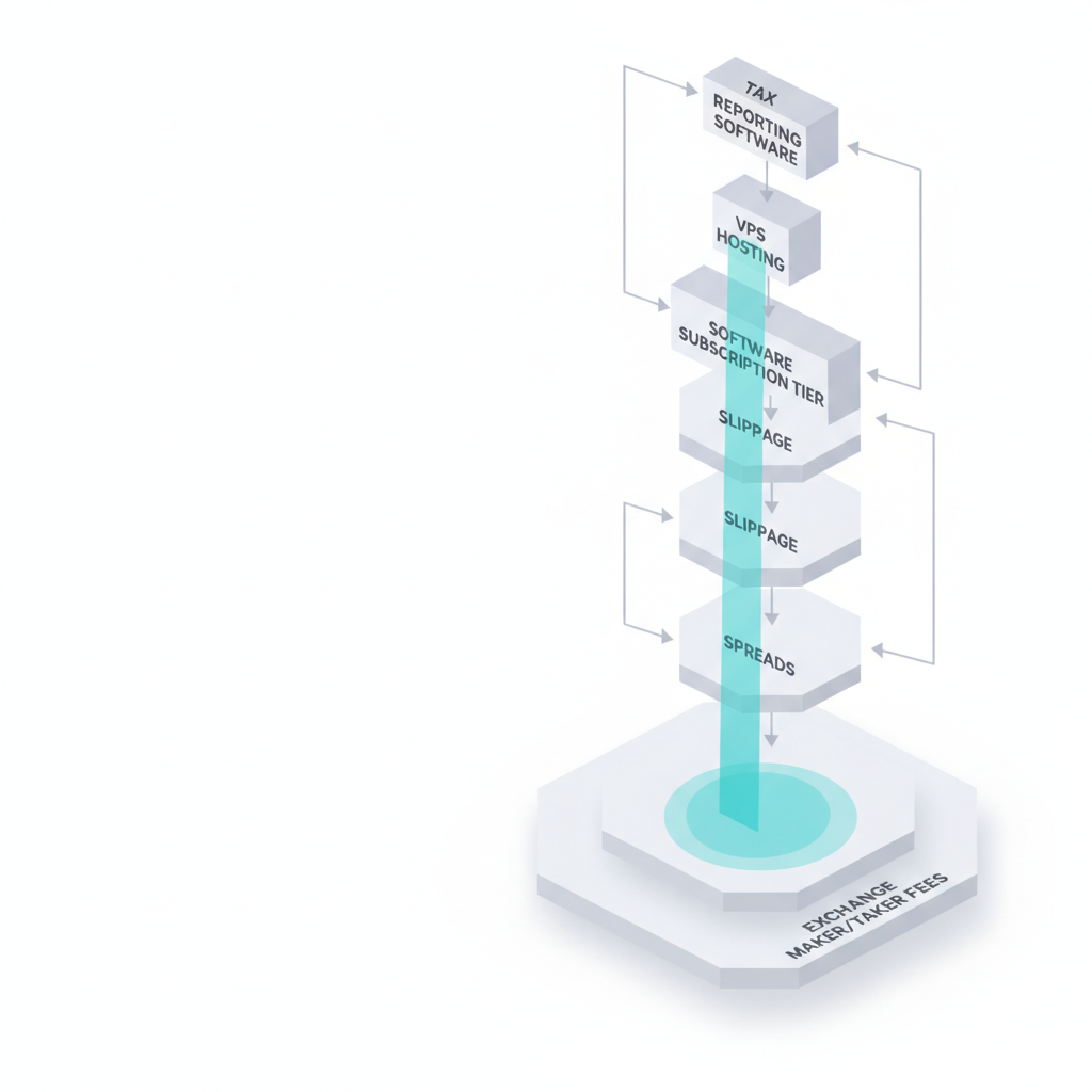 Isometric 3D layered flowchart showing stacked cryptocurrency trading fee components