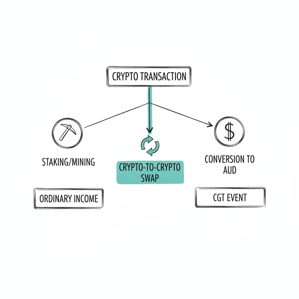 Hand-drawn flowchart showing three crypto tax paths: staking/mining leading to ordinary income, crypto swaps and AUD conversion both leading to capital gains tax events