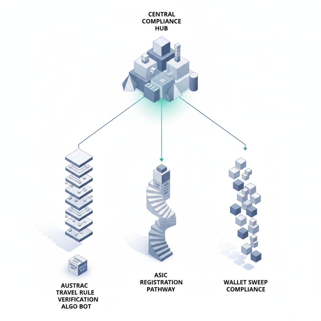 Isometric 3D flowchart depicting the three-stream compliance process for automated trading strategies under new Australian regulations