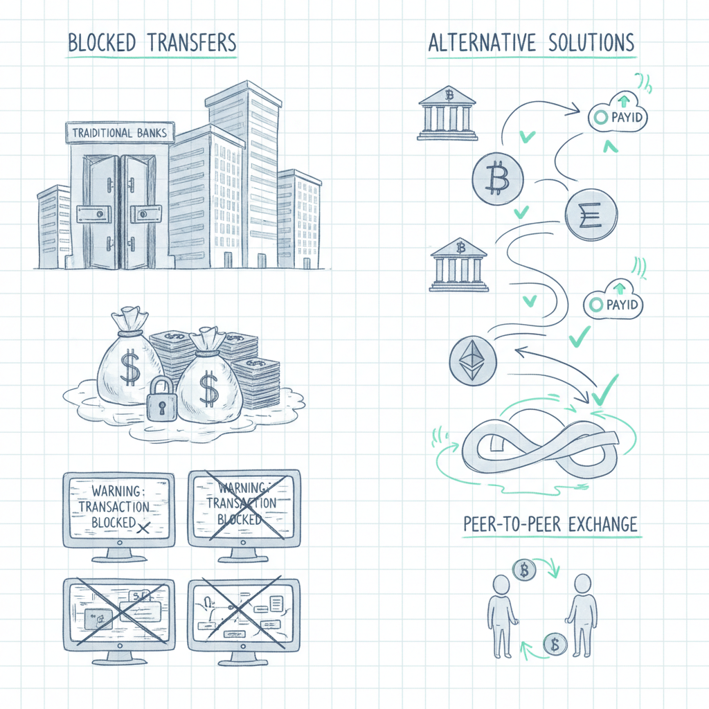 Hand-drawn sketch comparison showing blocked bank transfers versus alternative crypto trading solutions