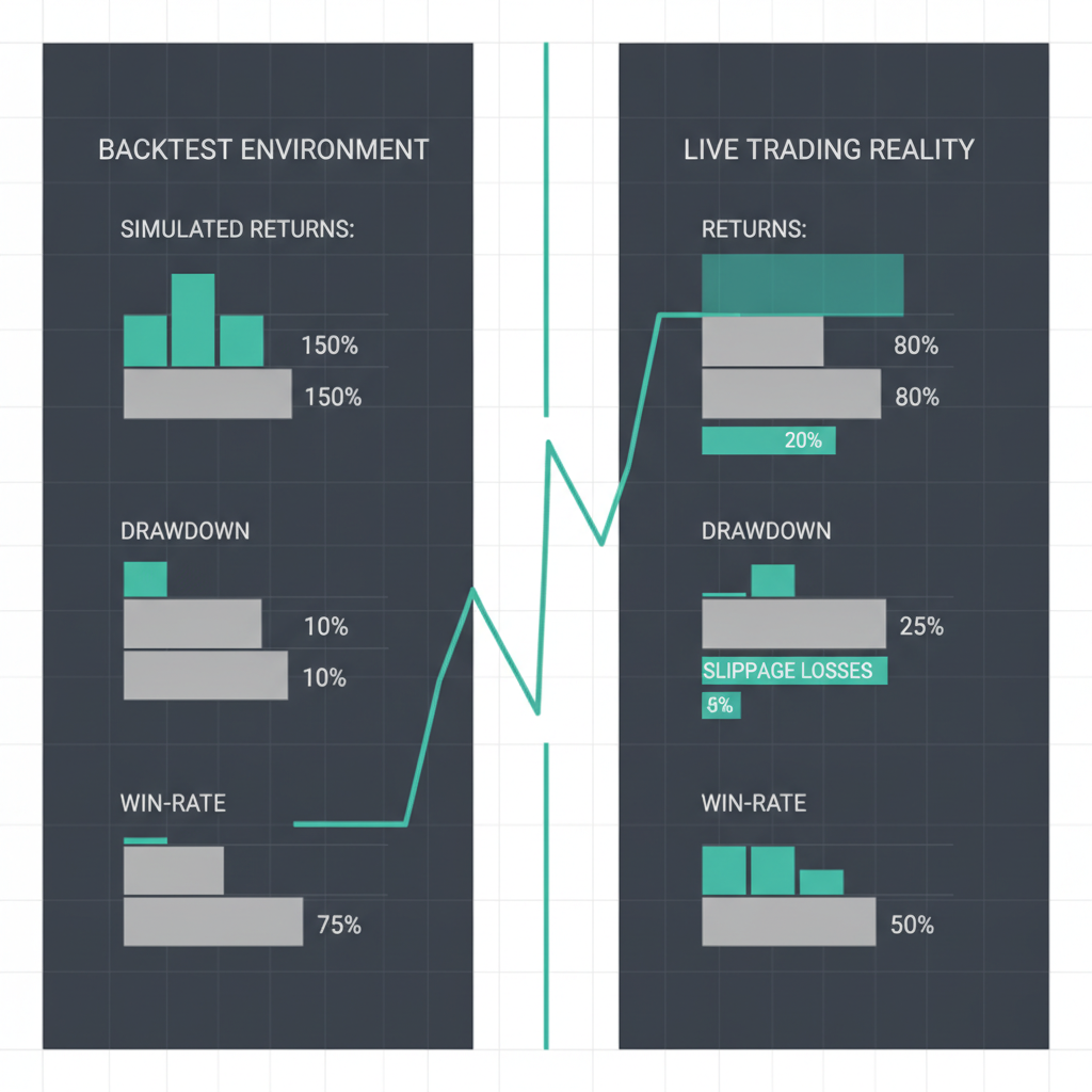Data visualisation comparison chart showing backtest vs live trading performance gap with teal accent on slippage