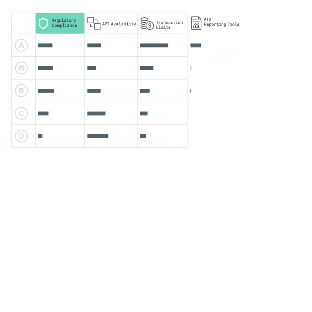 Data comparison matrix of Australian crypto exchanges against compliance and technical criteria