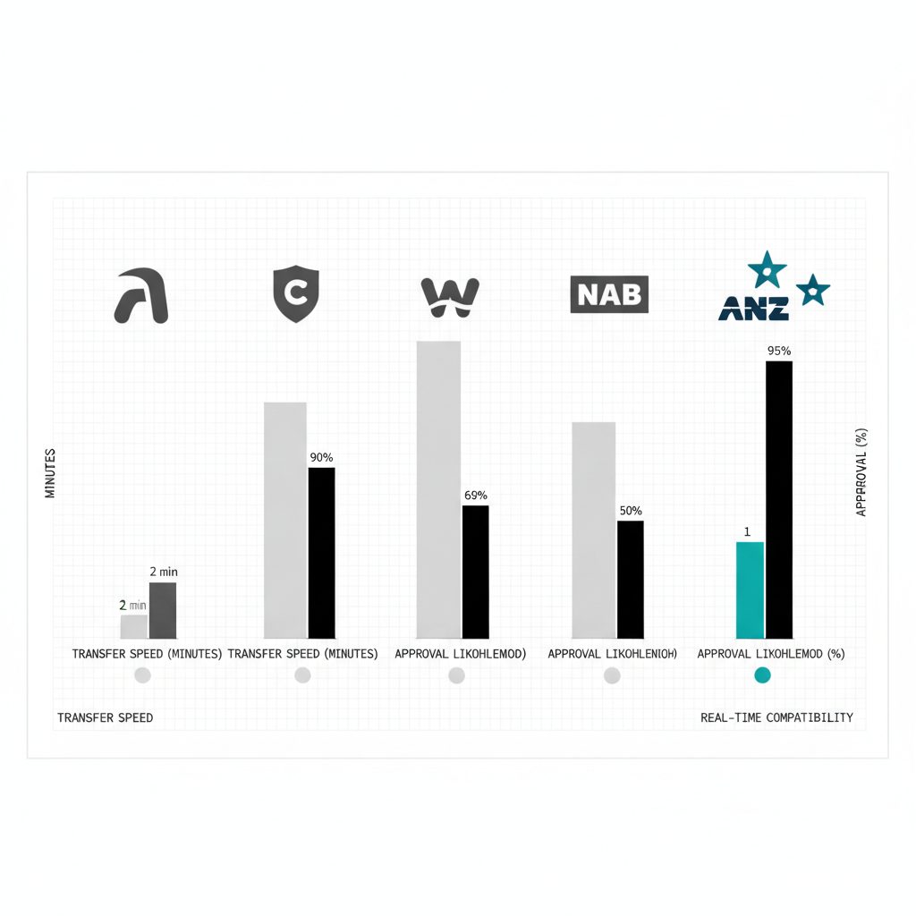 Data visualization comparison chart showing Australian bank transfer speeds and approval rates for cryptocurrency deposits using vertical bar graphs and status indicators