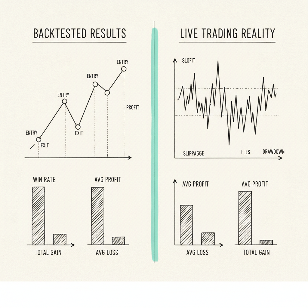Hand-drawn comparison infographic contrasting backtested algorithmic trading results versus real live trading performance with diverging line graphs