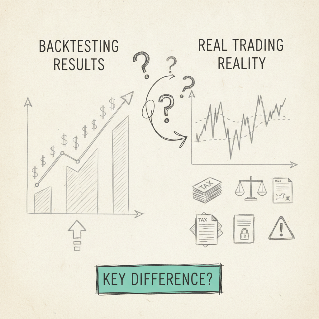 Hand-drawn comparison infographic contrasting backtesting results with real trading reality and regulatory friction for Australian crypto algo traders