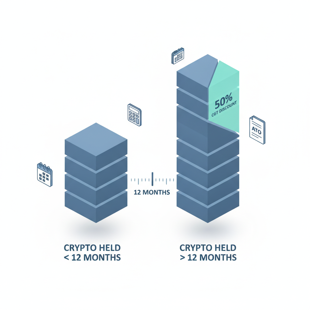 Isometric 3D comparison visualising the 12-month capital gains tax discount threshold for Australian crypto assets