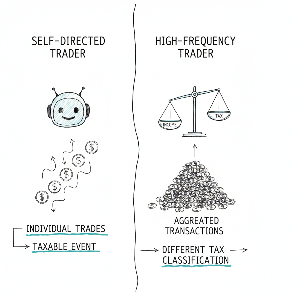 Hand-drawn sketch comparison diagram contrasting self-directed and high-frequency crypto traders' tax treatment and transaction volumes
