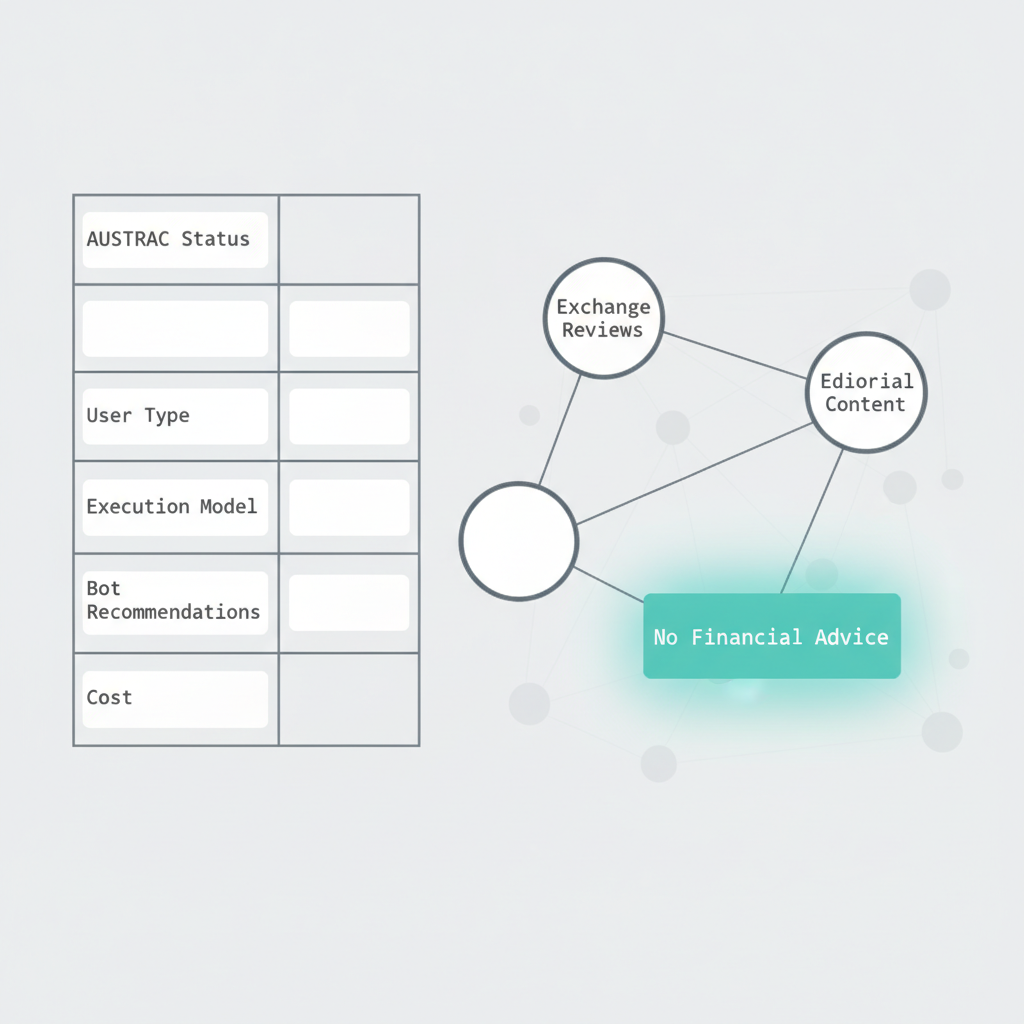 Comparison matrix and relationship diagram distinguishing CryptoAlgo.com.au as an independent review platform that does not execute trades or provide financial advice