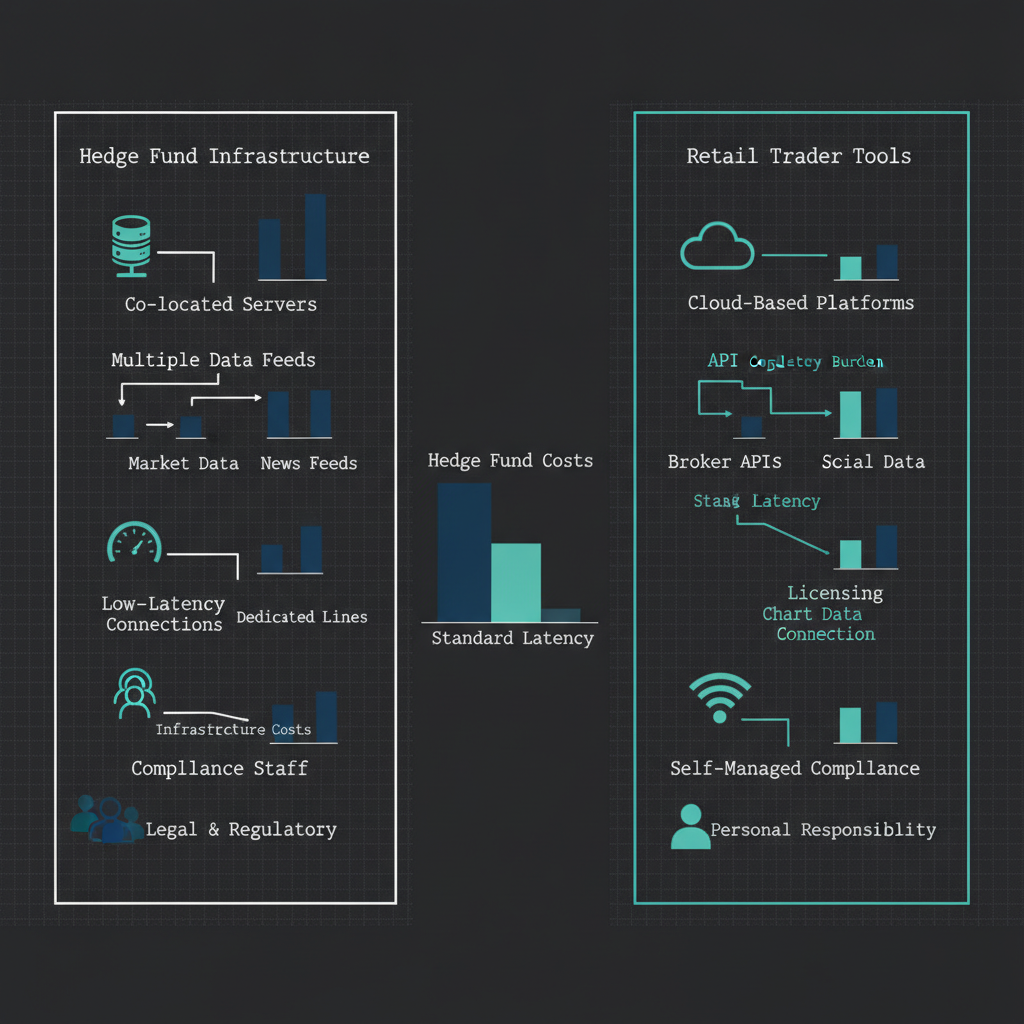 Comparison chart: hedge fund infrastructure versus retail trader tools, showing technical capabilities and cost structure differences