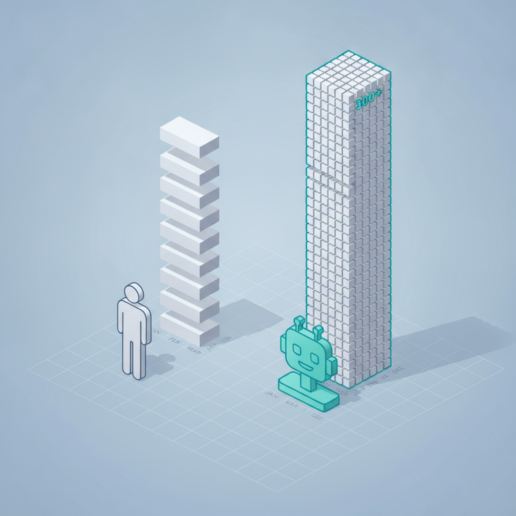 Isometric 3D comparison showing a manual trader with 5 stacked trade blocks versus an automated trading bot with 300+ stacked blocks, illustrating the exponential increase in taxable events from automation